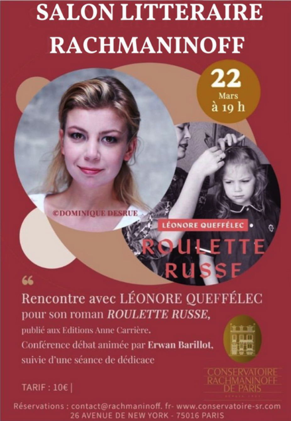 Affiche. Salon littéraire Rachmaninoff. Rencontre avec Léonore Queffélec pour son roman « Roulette Russe » aux Editions Anne Carrière. 2024-03-22